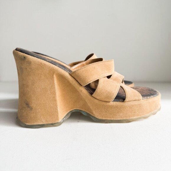 Vintage Spring Chunky Light Beige Wedge Sandal Slides 40 - Picture 3 of 10